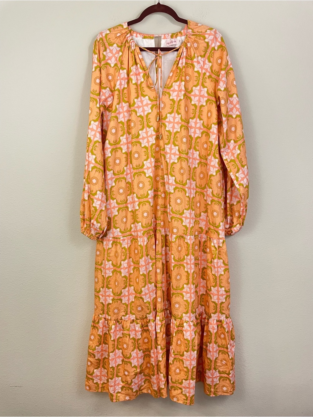 Ivy City Co Imogen Dress Orange Pink Floral Tie Neck Long Sleeve Maxi‎ Size XS